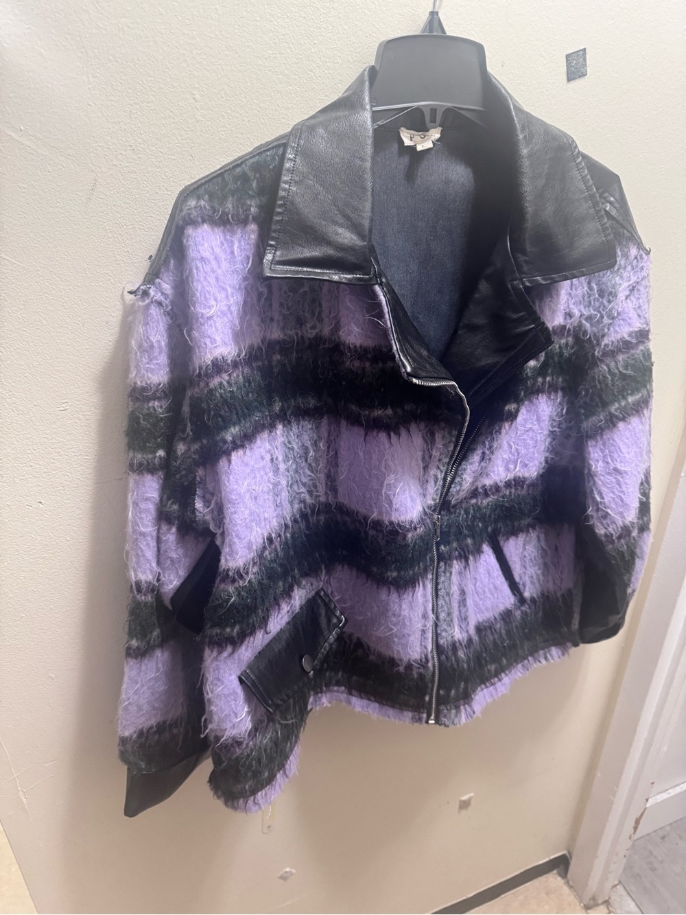 POL Lavender and Black Striped Faux Fur Jacket with Leather Trim